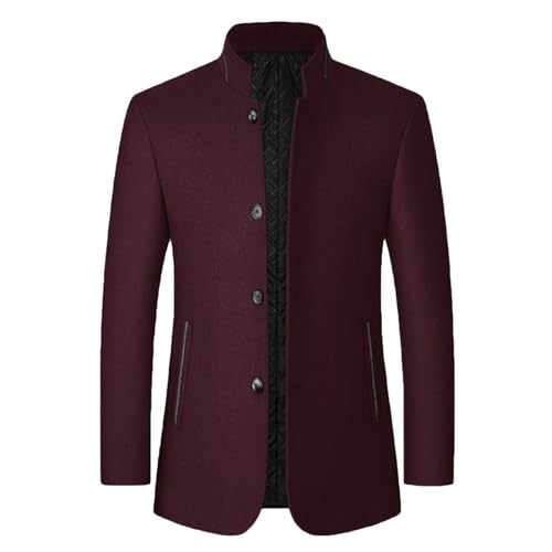 Image of Men's Wool Trench Jacket & Coat Warm Quilted Single Breasted Band Collar Long Sleeve Winter Button Fit Slim Peacoat