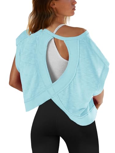 Image of SENSERISE Womens Open Back Workout Tops Backless Short Sleeve Athletic Shirt Running Crop Top Gym Yoga Tee