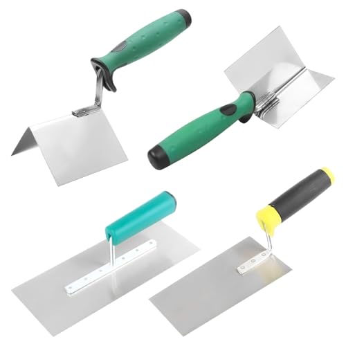 4 Piezas Paleta AlbañIl Kit, 2 × Llanas Lisas + 2 × Llanas Angulares, Llana para Alisar Paredes de Acero Inoxidable, Llana AlbañIl con Mango Antideslizante, para Enlucido y Hormigón (Plata)