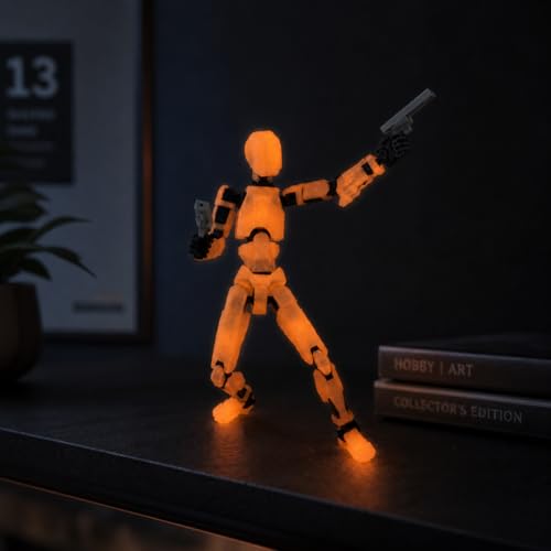 Image of Glow in Dark Dummy13 Fully Articulated Action Figure | 3D Printed Robot Assembly Kit | 5.4 Inch Tall Poseable Collectible Model | Dynamic Poses | DIY Display Figure | Made in India (Orange)
