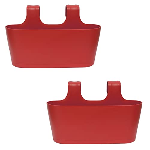 Engelland 2 x Blumenkasten zum Auf-Hängen, Farbe: Rot, Blumentopf, oval, Balkon, Übertopf, Pflanzkasten, mit Wasserspeicher/Wasserauffangschale