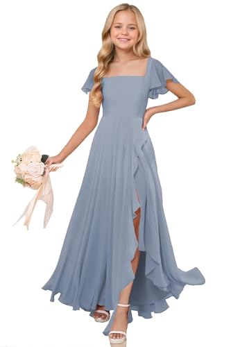 JISISANG Junior Bridesmaid Dresses for Teen Girls Short Sleeve Chiffon Girl Dress for Wedding Guest Formal Flower Girl Dress