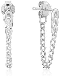 925 Sterling Silver Modern Curb Chain Dangle Stud Earrings for Women, Rhodium Plated
