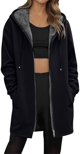 Long Fleece Jacket Women Zip Up Sherpa Winter Warm Thick Jackets Soft Tunic Sweatshirts Casual Cozy Coats