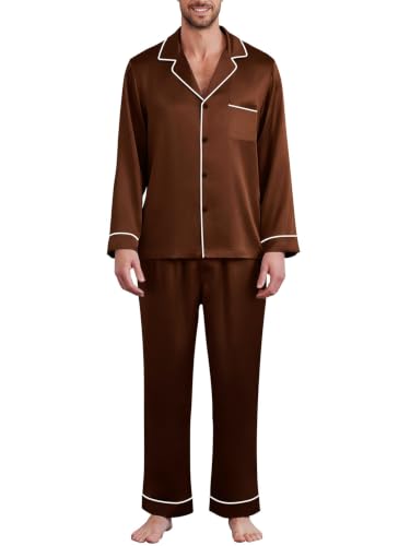 Image of Lonxu Pajamas Set Mens Silk Satin Pajamas Long Sleeve Loungewear Two-Piece Sleepwear Button-Down Pj Set S-XXXXL