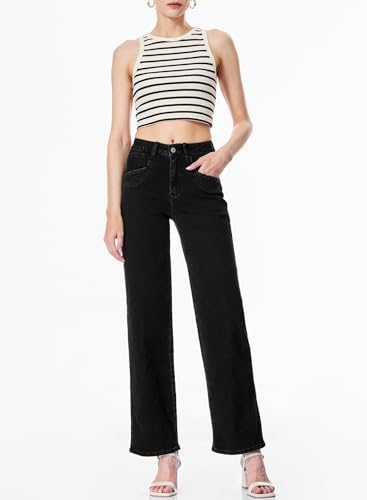 Sidefeel Women's Wide Leg Jeans High Waisted Stretchy Jeans Straight Leg Zimbaplatinum Ankle Denim Pants with Slant Pockets - Image 4