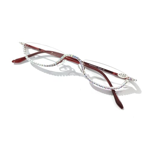 Melrose Rhinestone Reading Glasses Half Moon Oval Anti Blue Light Reading Glasses Comfortable Red Frame Y05 (RED, 1, x)