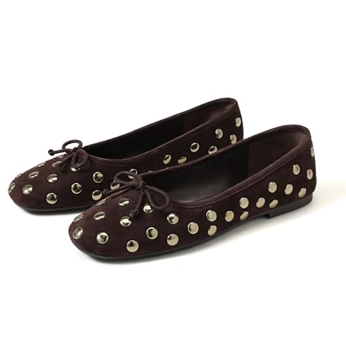 Studded Suede Ballet Flats for Women Bow Tie Round Toe Slip on Ballet Shoes Comfortable Dessy Shoes