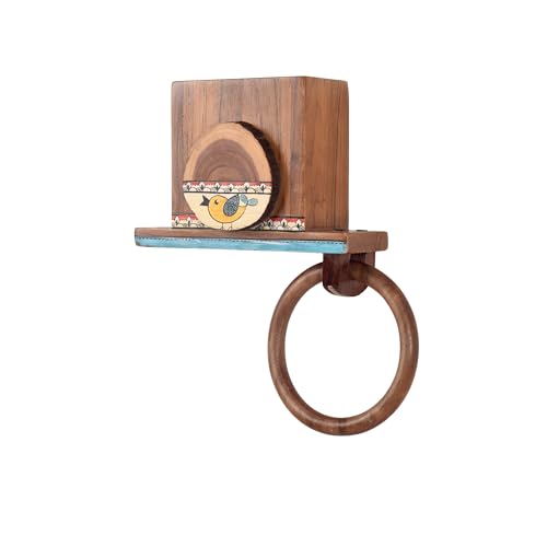 Image of AAKRITI ART CREATIONS Modern Art Teak Wood Towel Holder | Handcrafted Brushing Essentials Holder | Matte Finish Brown Wall Mounted Towel Holder for Bath & Wash Area