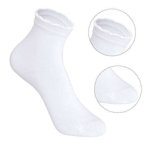 3 Pack Girls White Ruffle Dress Short Socks, Cute Scallop Frilly School Uniform Cotton Crew Ankle Socks3