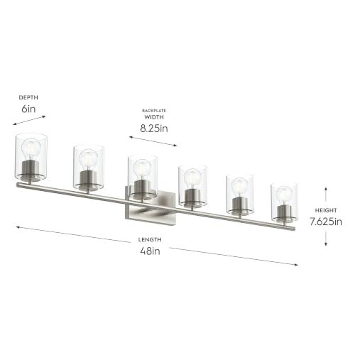 Image of Progress Lighting Replay 48 Inch 6-Light Vanity Light, Transitional, Brushed Nickel with Clear Glass Shades, (7.875 inch H x 48 inch W x 6 inch D), P300585-009
