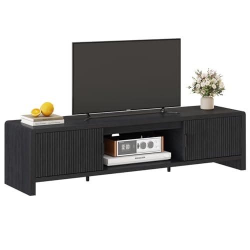 FATORRI TV Stand for 75/65/55 Inch TVs, Mid Century Modern Entertainment Center with Storage, Wooden Television Media Console Cabinet with Fluted-Door for Living Room, Bedroom (63 Inch W, Black)