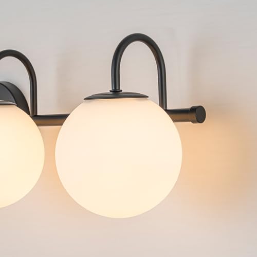 Image of Globe Vanity Light, 31 inch Modern Gold Bathroom Light Fixtures Mid-Century Milk Glass Vanity Light 4-Light Wall Sconce Black