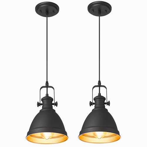 Image of 2-Pack Black Pendant Lights Kitchen Island, 8 inch Metal Shade | Industrial Hanging Light Fixture for Entryway Bar, Black and Gold Metal Shade, Adjustable Height, E26 Base, AD-2151-2PM-BK