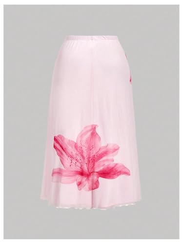 SOLY HUX Women's Plus Size Floral Mesh Midi Skirt Elastic High Waisted Vacation Going Out Skirts2