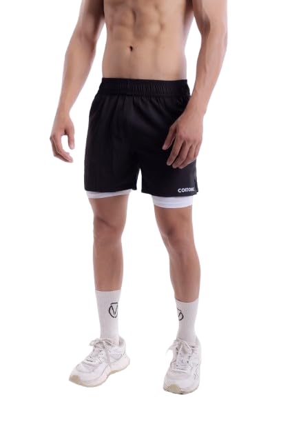 Image of COITONIC 2 in 1 Active Dual Black Shorts with Inner Tights Layer | Men's Double Layer Short for Running, Gym & Sports