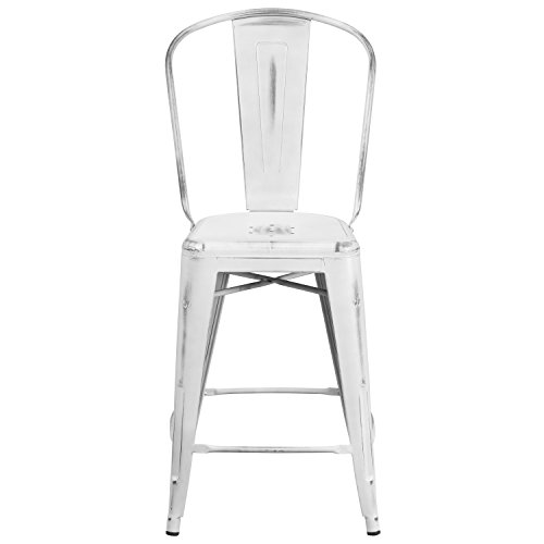Flash Furniture Commercial Grade 24" High Distressed White Metal Indoor-Outdoor Counter Height Stool With Back #TOP7