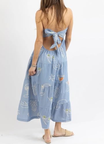 Image of Women Floral Print Maxi Tube Dress Strapless Flowy Long Bandeau Dress Y2K Open Back Sundress Summer Beachwear