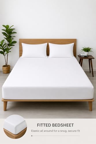 Image of Blue Strip Fitted Bedsheet Set with 2 Pillow Covers, White, 182 x 198 cm, 20 cm Deep, Elastic All Around, Double /Queen Bed /King Bed