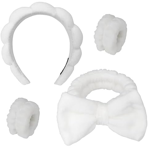 LVYOUIF 4PCS Spa Headband Hairband & Wristband Set Bow-tie Hairband with Buckled Hair Band Wrist Washband Terry Towel Cloth Headband for Washing Face Makeup Removal Skincare White Cover