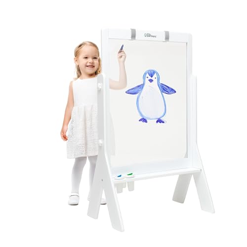 Little Partners Peek-A-Boo Art Toddler Easel, Children's Two-Sided Adjustable Height Clear Acrylic Paint Station for Kids with Built-in Storage, Eraser, Paint Containers (White)