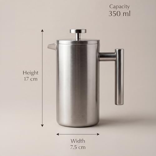 Image of AXEON French Press Coffee Maker | Double Wall Insulated 304 Stainless Steel Plunger | 3-Layer Filtration for Grit-Free Brew | Heat Retention, Rust-Free, Portable for Home & Office | Hot & Cold (350ml)