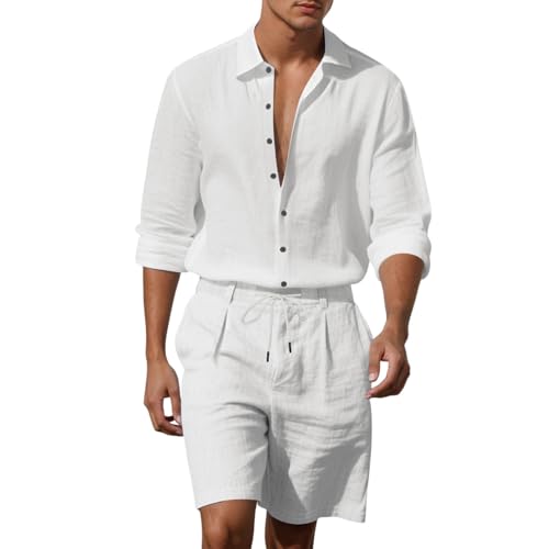 Men Linen Sets Outfits 2 Piece Shorts Loose Button Down Shirts Short Sleeve And Shorts Texture Summer Beach Outfits
