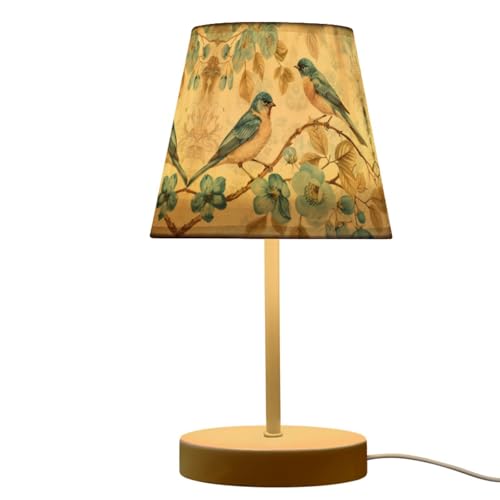 Peystean Modern 3 Colors Dimmable LED Table Lamp Vintage Blue Birds Cherry Blossom Linen Shade 10.8 Bedside Nightstand Light with USB Port Gift for Home Desk Bedroom Room Cafe