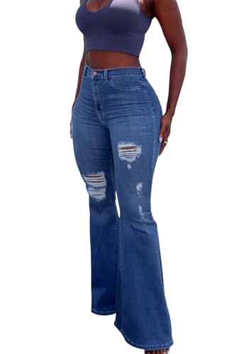 TodTan Women Ripped Flared Jeans High Waisted Bell Bottom Jeans Destroyed Denim Pants2