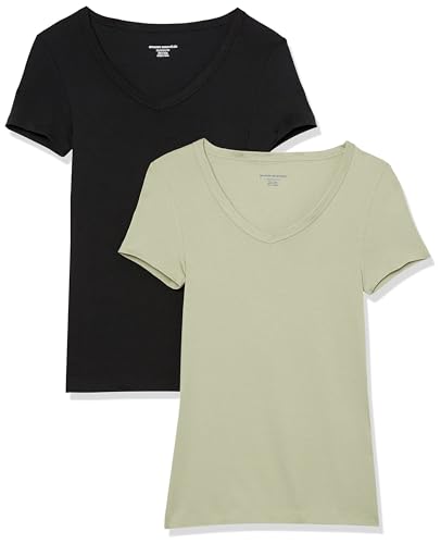 Amazon Essentials Camiseta de Cuello en Pico de Manga Corta y Ajuste Entallado Mujer, Pack de 2, Negro/Verde Salvia, XXL