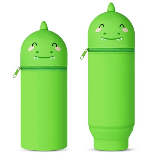 Vicloon Estuche 2 en 1 Silicona, Silicona Capacidad Retráctil, Estuche Escolar Vertical Cierre de Cremallera, Regalos de Cumpleaños y Navidad para Niños y Niñas （Dinosaurio Verde）