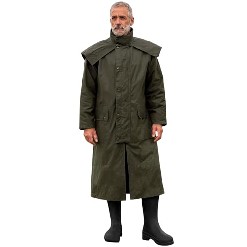 Game Technical Apparel Mens Stockman Long Length Wax Riding Cape Coat with Tartan Lining (L, Olive)