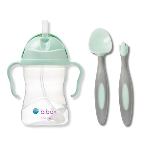 Image of b.box Sippy Cup + Cutlery Combo Pack (Pistachio): Includes b.box Weighted Straw Sippy Cup and Toddler Cutlery with Patented FLORK™ Utensil. Ages 6 Months to Toddler