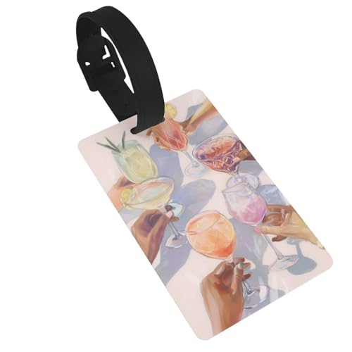 Etiquetas de equipaje con las manos sosteniendo vasos de bebidas, etiquetas de identificación de nombre, etiquetas de maleta, ideal para viajes, cruceros, mochilas, bolsas