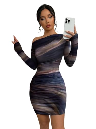 Women's Sexy Off The Shoulder Bodycon Mini Dress Tie Dye Long Sleeve Ruched Asymmetrical Club Dresses