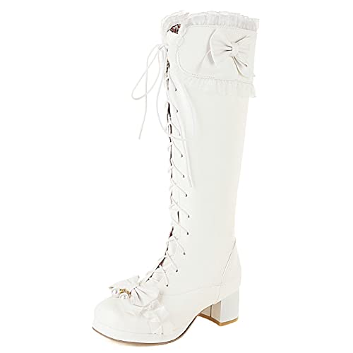 UniqueStride Womens Lolita Knee High Boots Mid Chunky Heel Lace up Boots Cute Sweet Bows Party Cosplay Kawaii Boots