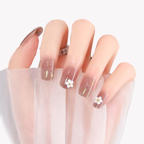 Image of Secret Lives Translucnt Nude Brown Color Reusable Artificial Fake False Brown Color with Golden Glitters 3D White Flower Luxury Press on Nails 24 Pieces with Kit