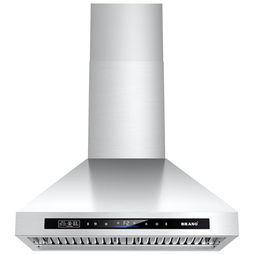 BRANO 30 Inch Wall Mount Range Hood 900 CFM, 【Voice, Gesture & Touch Control】, Ducted/Ductless Convertible, 4-Speed Fan, LED Lights, Timer & Delay Shutoff, Charcoal Filter Included