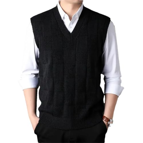 Men V-Neck Solid Plaid Textured Weave Loose Thicken Sleeveless Pullovers Sweaters Vest