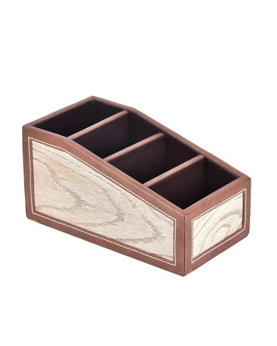 Image of Premsons Classic Remote Holder - 4 Section Tabletop Organizer in Light Brown | Faux Leather with Refined Wooden Finish | Decorative & Practical Organizer - Brown