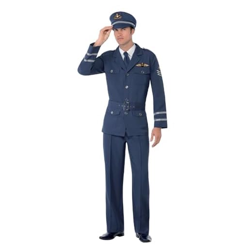 Smiffys Disfraz de capitán de la fuerza aérea de la 2ª Guerra Mundial, azul, con pantalones, chaqueta, sombrero y corbata