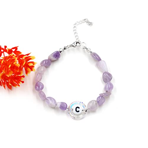 Image of Uloveido Purple Natural Stone and Austrian Crystal Letter Bracelet, Personalized Initial Jewelry for Women A-Z 26 Letters
