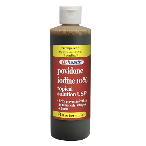 A+Health Povidone Iodine 10% First Aid Antiseptic 8 Fluid Ounces Topical Solution USP Helps Prevent Infection in Minor Cuts Scraps and Burns Wound Care Made in USA Wound Care