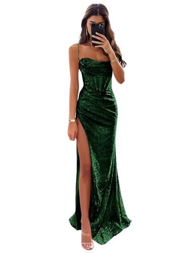 Women's Cowl Neck Glitter Sequin Prom Dresses Ruched Mermaid Corset Formal Dresses Evening Gowns with Slit