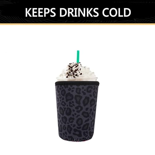 Image of YR Reusable Neoprene Insulator Sleeve for Iced Coffee Cups, 3 Pack Coffee Coolies sleeves for Iced & Hot Drinks, Cold Beverage Cooler Compatible with Starbucks Coffee and More (Black Leopard Print)