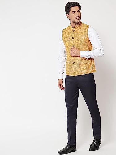 Image of Vastraa Fusion Mens Handloom Small Check Cotton Nehru Jacket - (Brown)