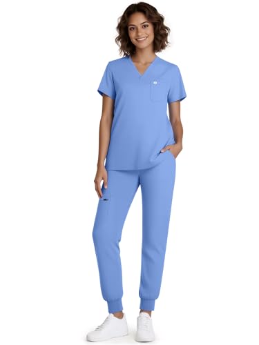 Eadflie Scrubs for Women Medical Scrubs Set - V-Neck Top & Jogger Pants with 5 Pockets Soft Stretch Woven fabric Side splits - (Sky Blue/M)