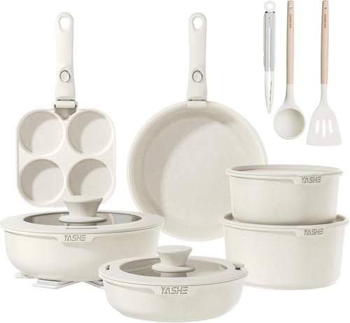 YASHE Batería de Cocina 20 Piezas con Mango Desmontable, Juego de Ollas y Sartenes Antiadherentes de Granito, Sartenes y Ollas Apilables para Inducción, para Caravana y Cocinas Pequeñas, Sin PFOA