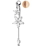 Melighting 14G Lotus Belly Button Ring, Dangle Belly Ring Surgical Steel 316L, Reverse Navel Piercing Jewelry, 10 mm Silver Flower Body Jewellery for Women