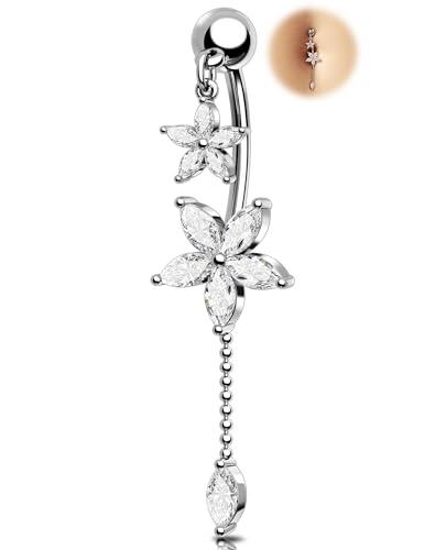 OUFER 14G Fleur 10 mm Piercing Nombril en Acier Chirurgical 316L Ventre Anneau de Nombril Clair CZ Piercing Au Nombril Boule de Piercing Dangel pour Femme